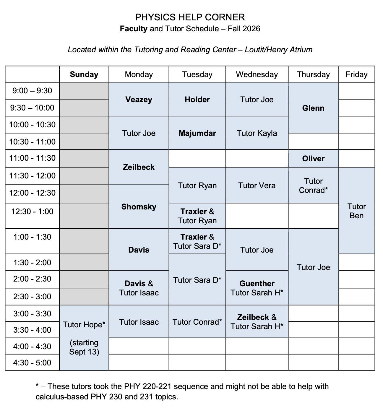 F2026 weekly schedule for the Physics Help Corner  (accessible version available at tutoring website)